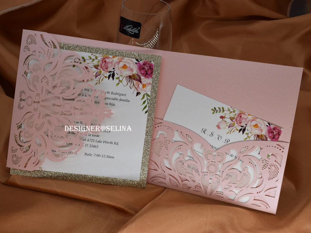 Румяна розового золота Блестящий Quinceanera приглашения с открытка RSVP лазерная резка