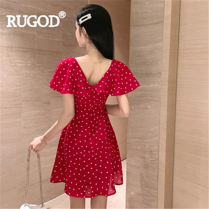 RUGOD Women chiffon mini dress ruffled dot butterfly sleeve high waist a-line elegant 2019 new arrival fashion vintage | Женская одежда