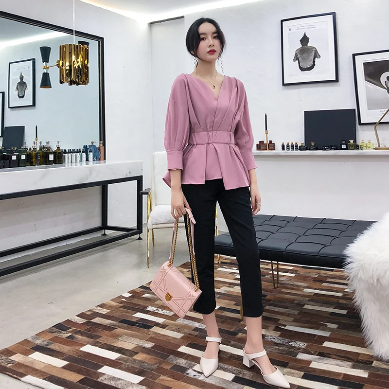 Корейская модная Женская комплект из 2 предметов Топ и штаны элегантные женские