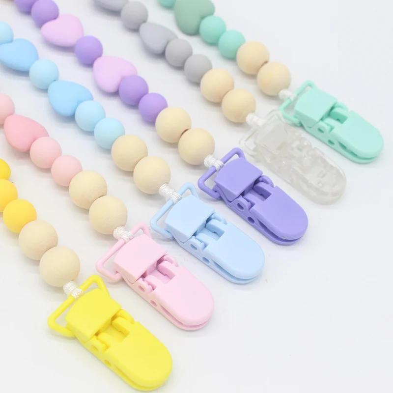 Plastic Baby Pacifier Clips Love Heart Beads Pacifier Chain For Infant Newborn Dummy Feeding Cute Leash Strap