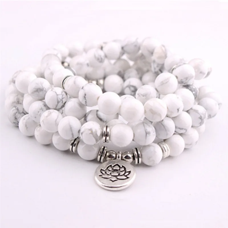 

Dropshipping Stone Jewelry 8mm Natural White Energy Yoga Bracelet Lotus Women Men Bracelet 108 Mala Necklace