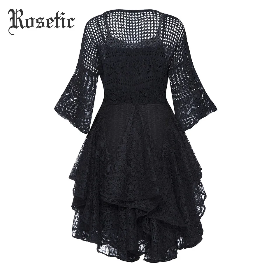 Rosetic Gothic Dress Women Black Summer A-Line Lace Hollow Flare Sleeve Double Casual Party Fashion Sexy Goth Female Dresses | Женская