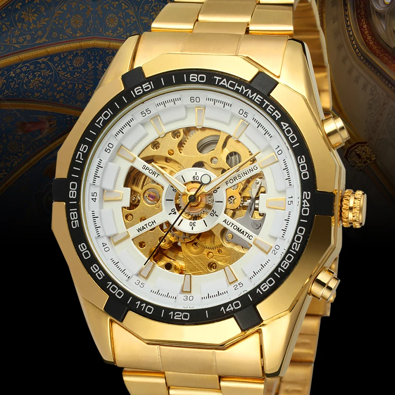 Часы наручные Forsining мужские механические роскошные автоматические золотистые