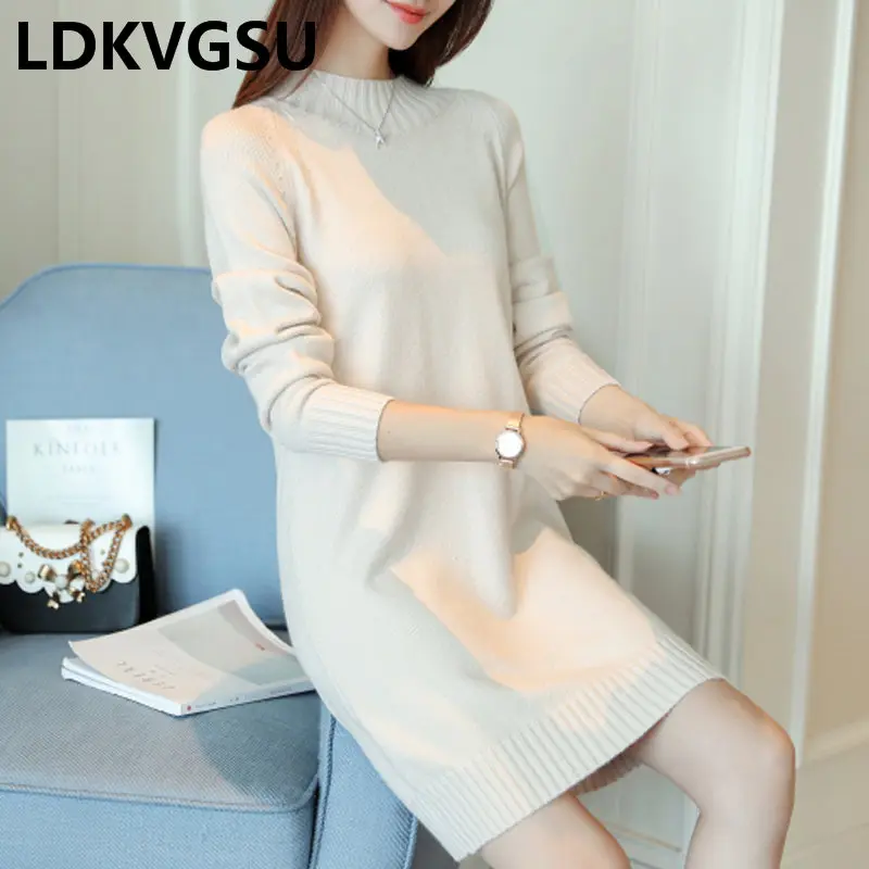 2018 Autumn Winter New Women's Long Sweater Loose Large Size Thick Round Neck Solid Color Korean Female Knit Is1477 | Женская одежда