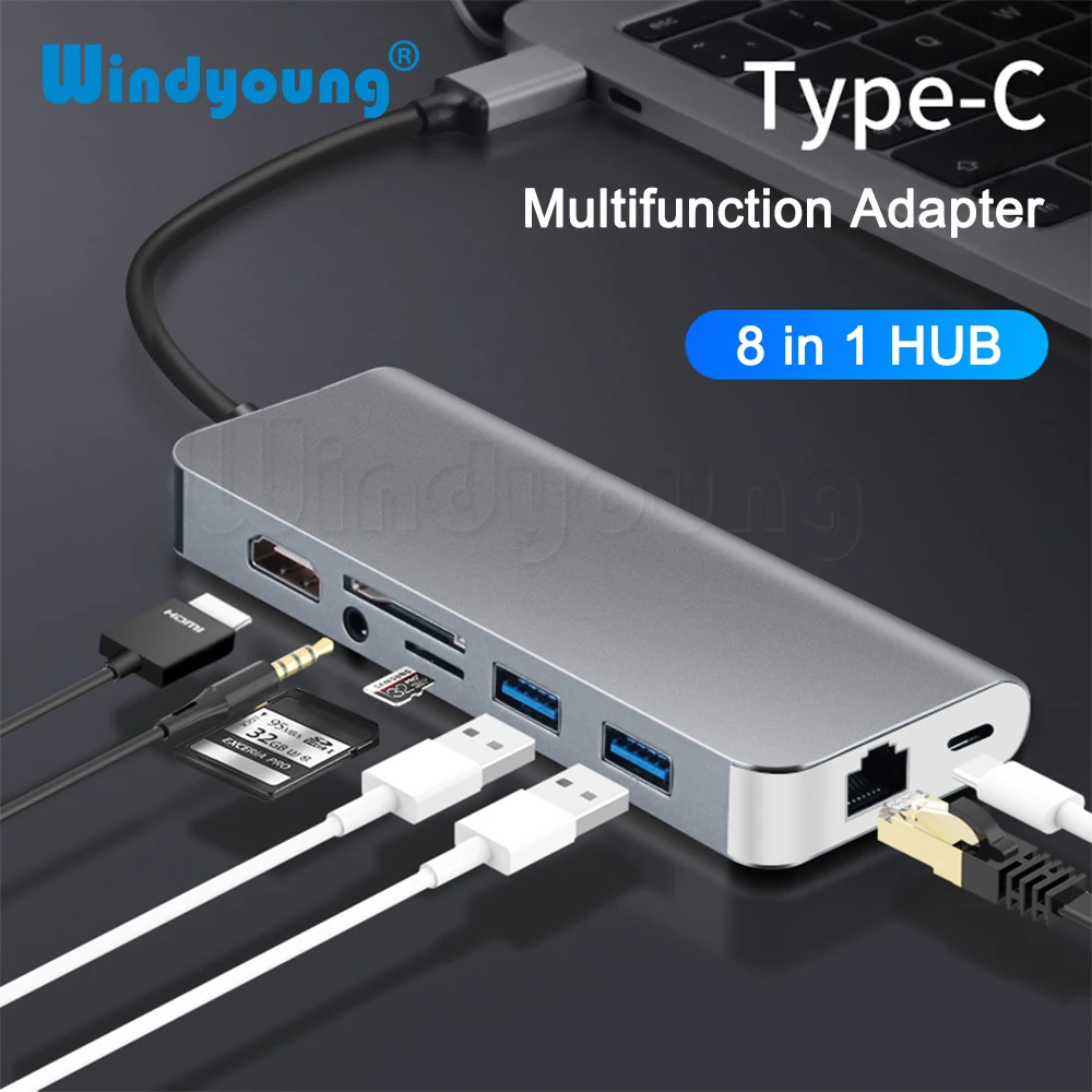 8 в 1 Type C концентратор USB к HDMI RJ45 гигабит 3 5 мм аудио SD TF кардридер USB3.0 PD зарядный