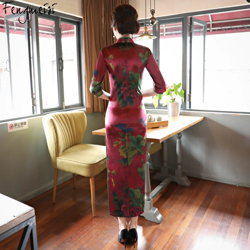 Fengmeisi Для женщин Cheongsam долго Qipao Китайский Стиль сексуальное платье Разделение