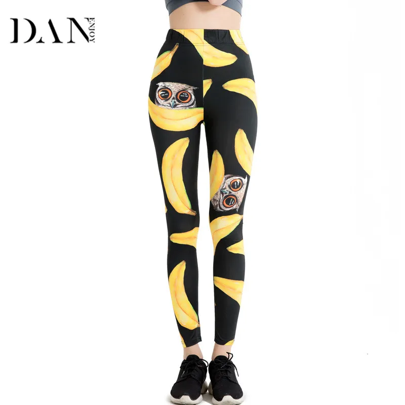 Danenjoy Для женщин леггинсы банан печать фрукты длинные штаны Фитнес пятна Высокая