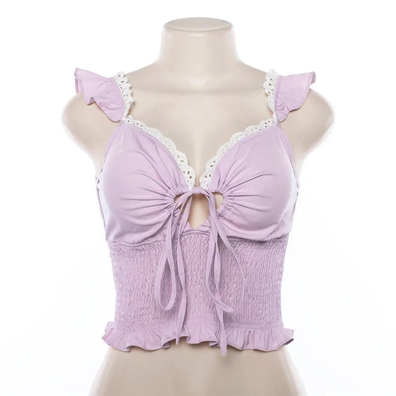 Женский топ на бретельках белый с рюшами шнурках|Майки| |