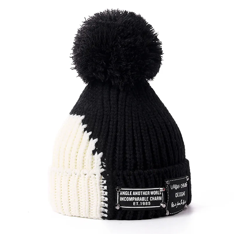 Black Новинка, теплая зимняя шапка, женская мода, Skullies Beanies, толстая меховая вязаная шапка для женщин, женские шапки с помпоном, двухцветная дизайнерская шапка - Цвет: Black