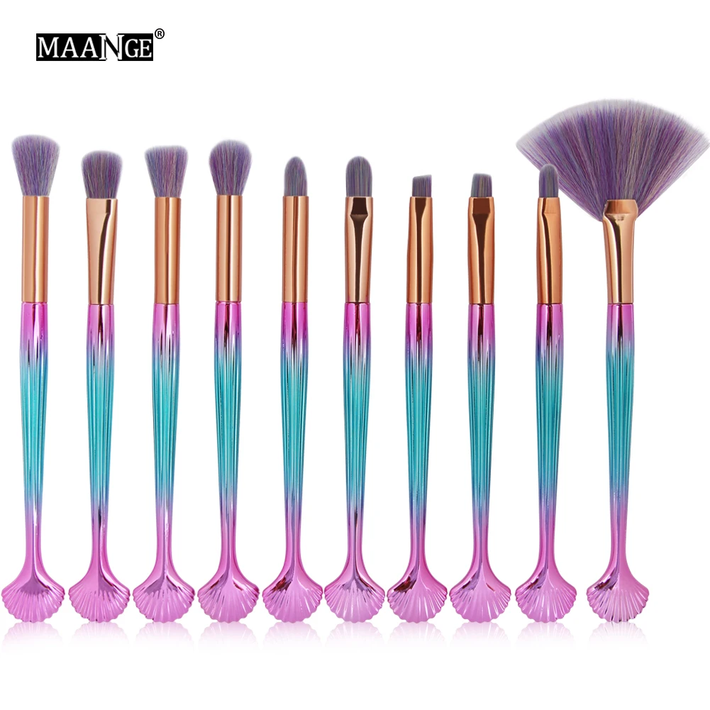 10PCS MAANGE, 7 шт./10 шт., набор кистей для макияжа, тени для век, бровей, кисть для смешивания, Веерная кисть, Русалочка, кисти для макияжа, косметический набор, Pincel Maquiagem - Handle Color: 10PCS