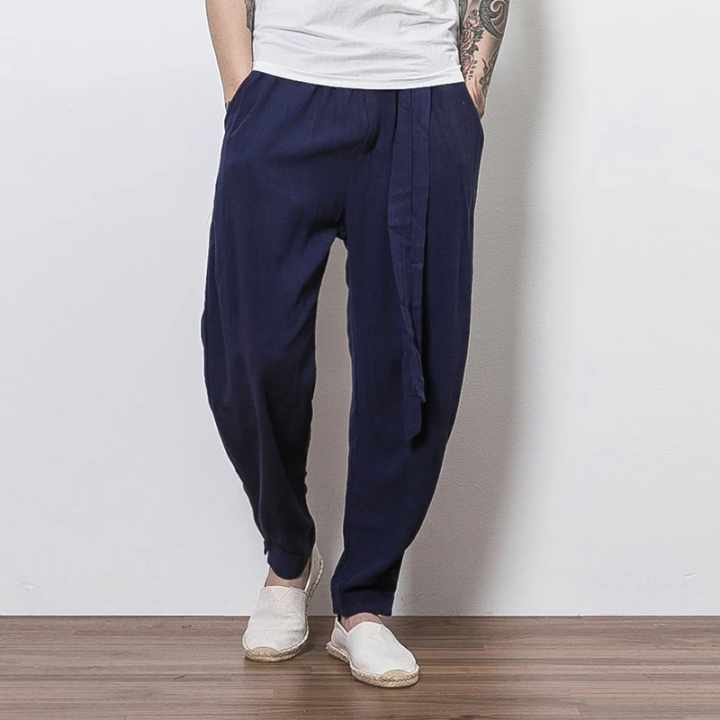 Sinicism Store/размер плюс 5XL хлопковые льняные штаны шаровары Мужские для бега с поясом