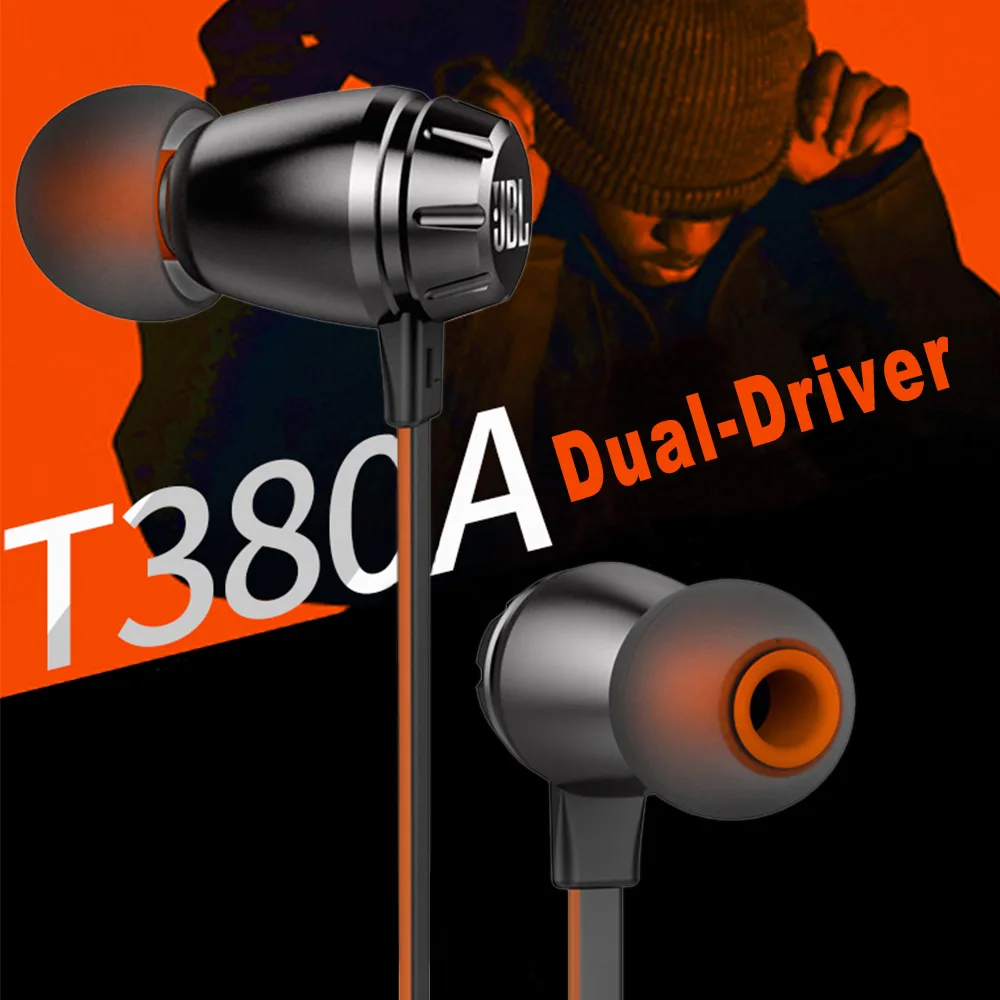 JBL T380A двойные динамические наушники-вкладыши 105dB HIFI наушники с микрофоном 3,5 аудио разъем бег спортивный наушник для смартфона