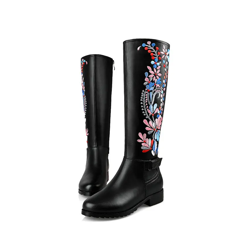 Black-Cow Leather QUTAA/; сапоги до колена с вышитыми цветами и круглым носком; женские высокие сапоги из натуральной кожи на толстом низком каблуке с теплым мехом; размеры 34-43 - Цвет: Black-Cow Leather