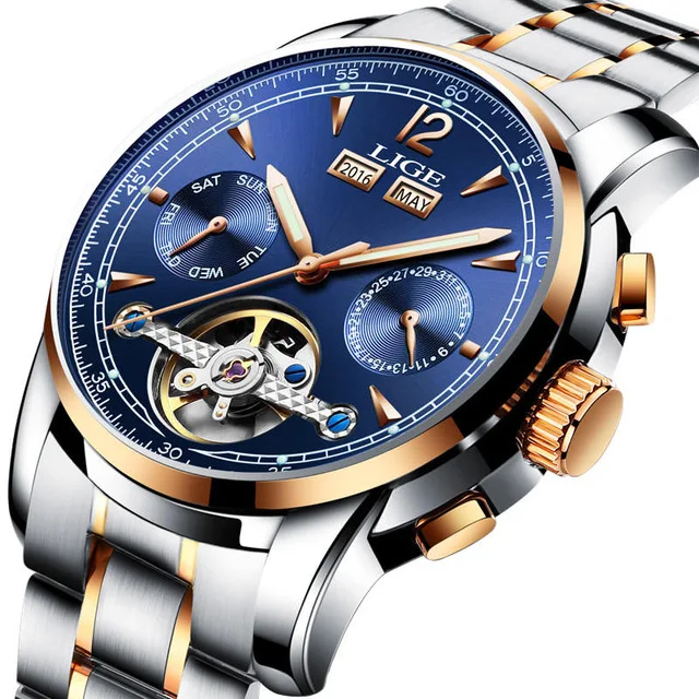steel gold blue LIGE, мужские часы, модные автоматические механические часы, повседневные, спортивные, турбийон, нержавеющая сталь, водонепроницаемые часы, Relogio Masculino - Цвет: steel gold blue
