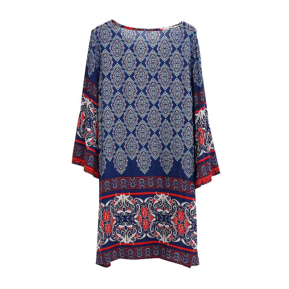 

New Spring 2019 Vintage Floral Dress Women O Neck Flare Sleeve Loose Straight Dresses Front V Hole Vestidos Mini Party Dresses