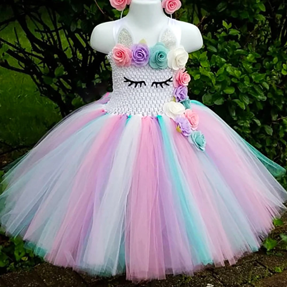 Пастельное платье-пачка с единорогом для маленьких девочек цветами дня рождения