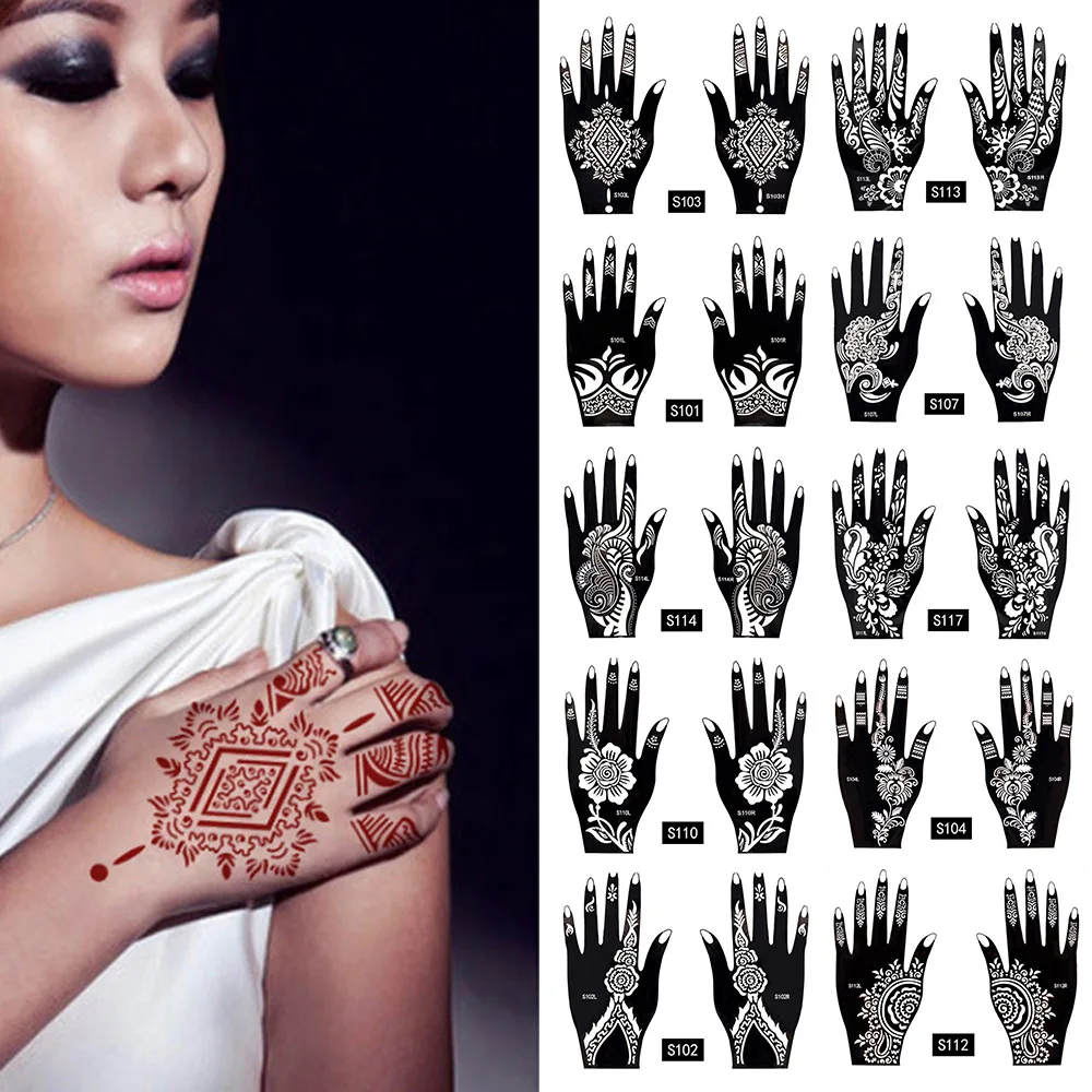 

2Pcs/Set Temporary Tattoo stencil 25 designs Body Art Men Women Indian Henna pattern Beauty Waterproof Fake Arm Hand Reuse tatoo