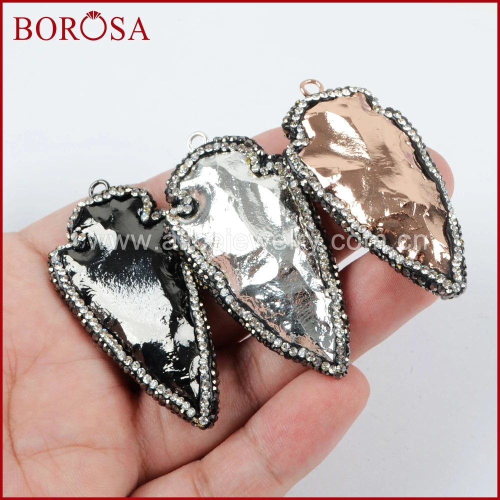 

BOROSA 5PCS Arrowhead Natural Stone Gems Charm Jewelry Pendant,Druzy Stone Crystal Paved Zircon Charm Bead Jewelry JAB636