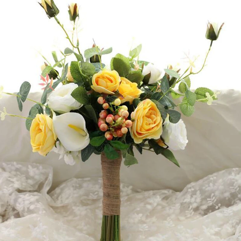 Yellow Red Pink Purple Rose Bridesmaid Wedding Foam flowers Bridal bouquet Ribbon de noiva | Свадьбы и торжества