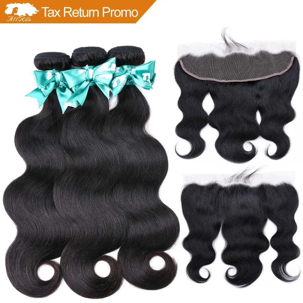 Allrun объемные волнистые пучки с закрытием человеческих волос кружева фронтальное