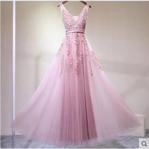 bean pink Вечернее платье с v-образным вырезом Robe De Soiree бордовый Тюль с вечерние платья с аппликацией длинное платье настоящая фотография vestido de festa - Цвет: bean pink