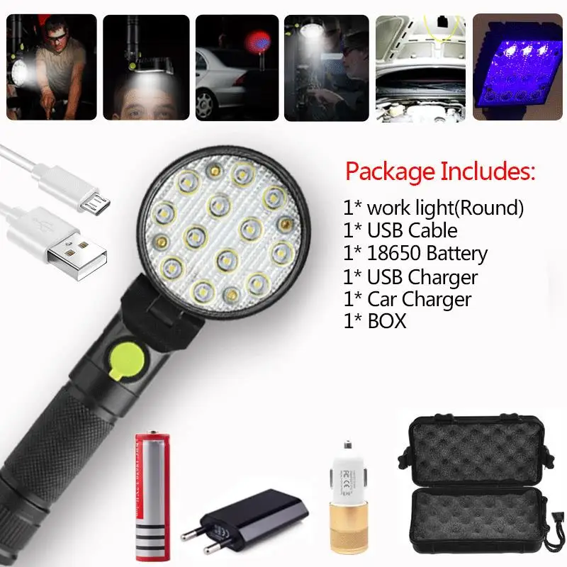 E 50 w 16leds ремонт Рабочая лампа зарядка через usb проверка фонаря лампы магнит крюк палатка аварийный фонарь для кемпинга лампа - Испускаемый цвет: E
