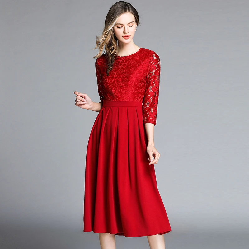 Женское кружевное повседневное платье в стиле пэчворк Красное ажурное винтажное
