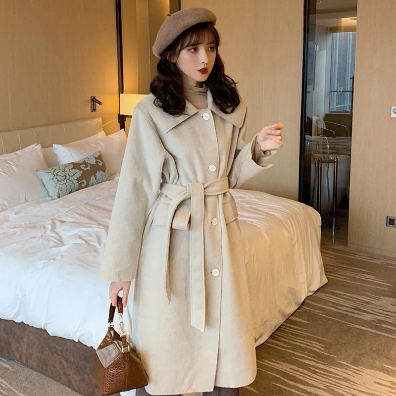 2019 Fall Winter Women Simple Cashmere look Maxi Long Robe Belted Coat Female Woolen Outerwear manteau femme abrigos mujer |