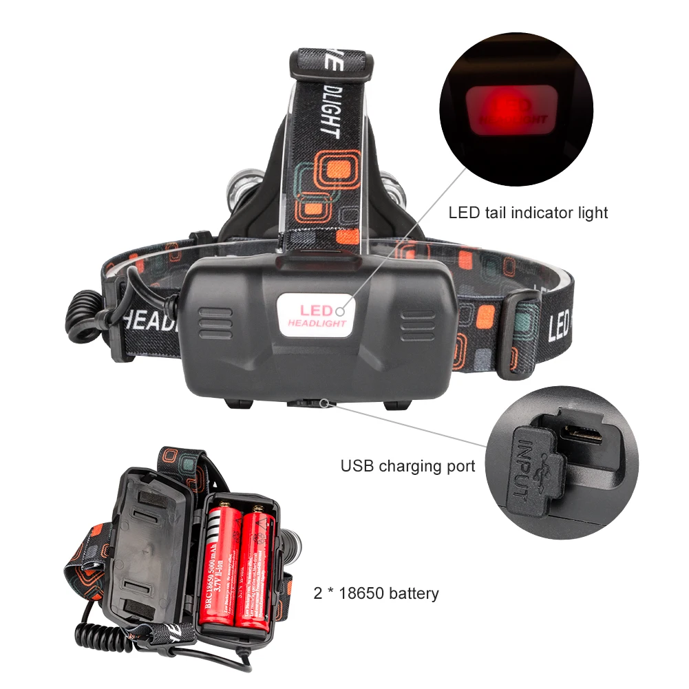Зарядка через USB фонарь головной светильник T6 + R2 светодиодный налобный 4 режима