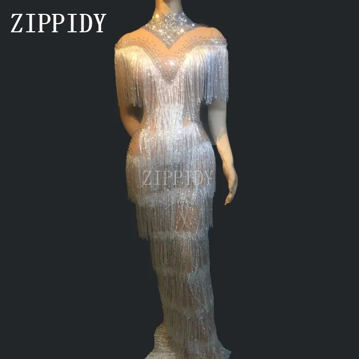 Модное Сетчатое платье стразы с бахромой женское вечернее для празднования дня