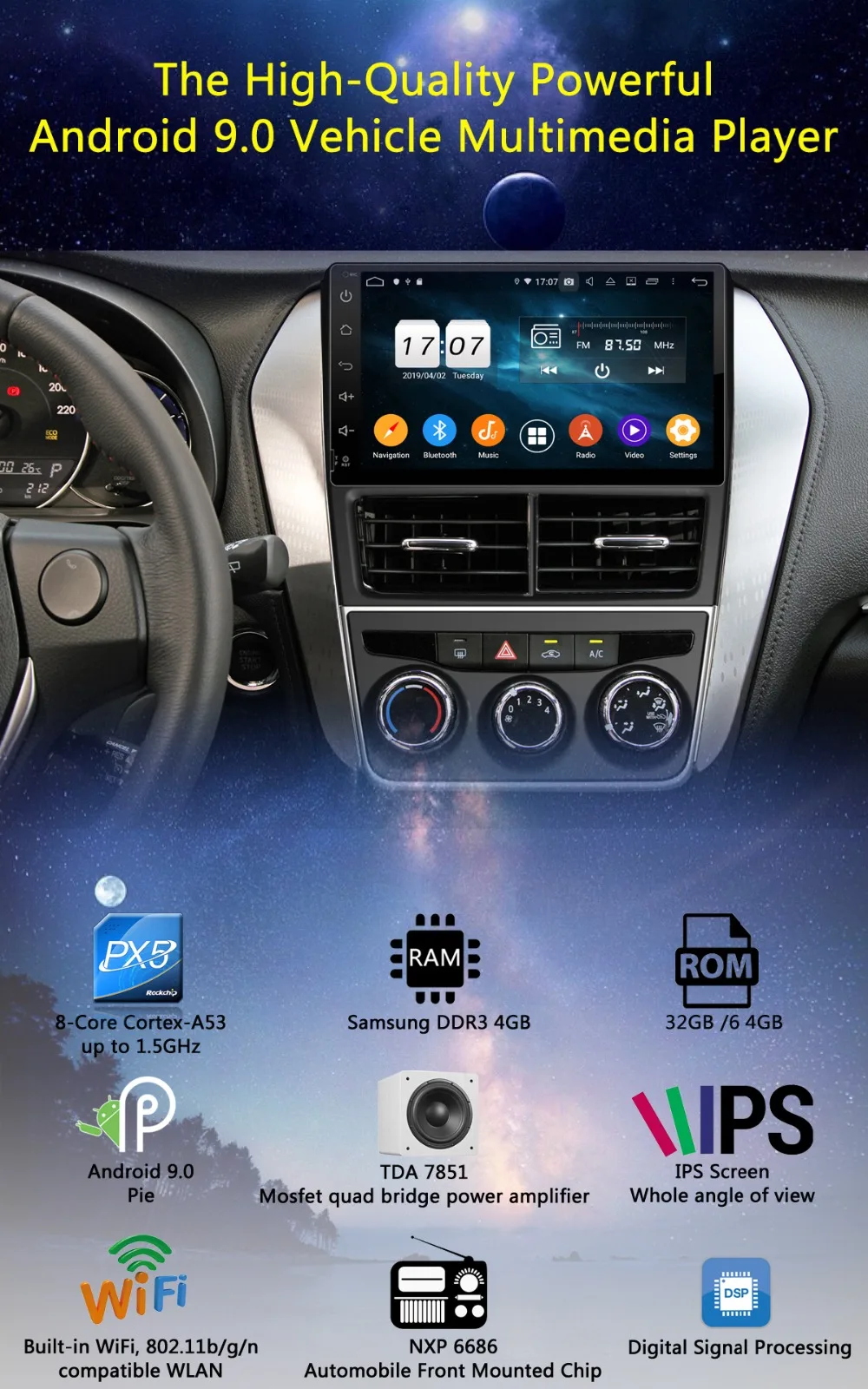 " ips 8 Core 4G ram+ 64G rom Android 9,0 автомобильный dvd-радио GPS для Toyota Yaris, Vios DSP CarPlay Parrot BT стерео