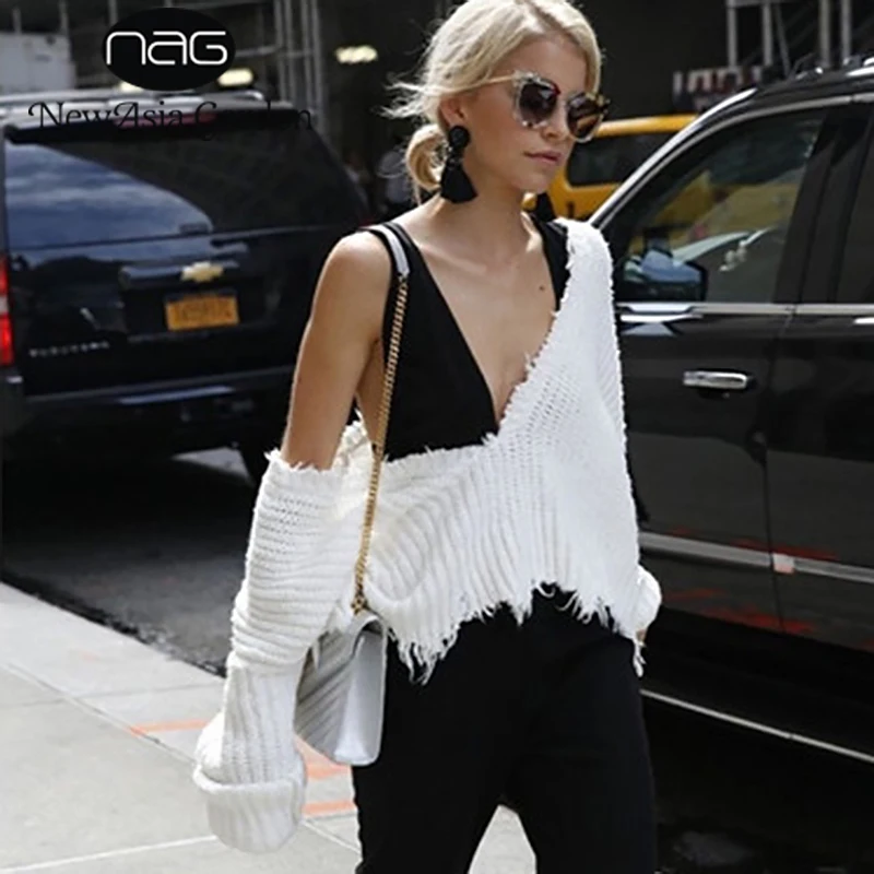 NewAsia Garden Sexy V Neck Loose Fit Sweater Autumn Spring Jumper Long Batwing Sleeve Tassel Winter Knitwear Pullover Outfits | Женская