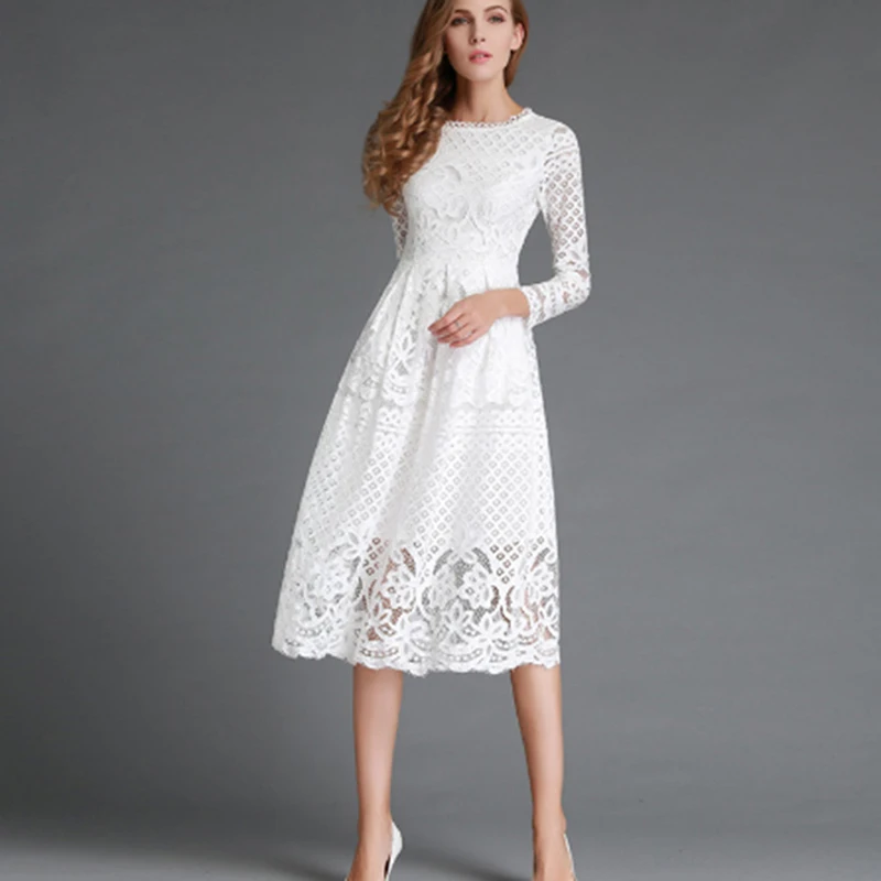 Hengsong Элегантное открытое кружевное платье женское осеннее стильное средней
