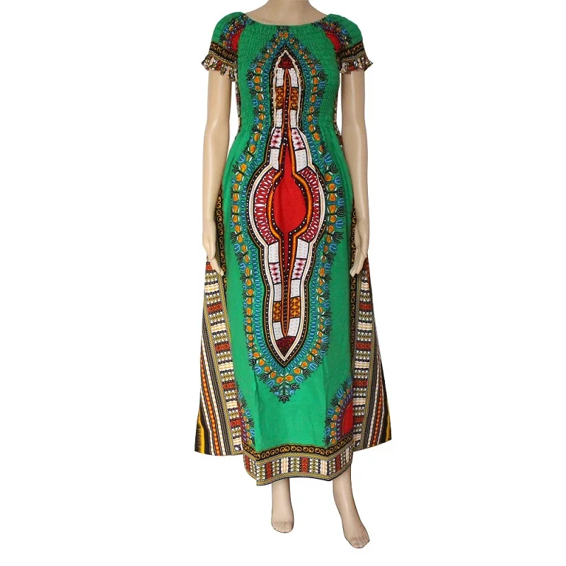 green Dashikiage хлопковое винтажное длинное платье Дашики с рукавом-лепестком и вырезом лодочкой, Платье макси с принтом в африканском стиле-два стиля ношения - Цвет: green
