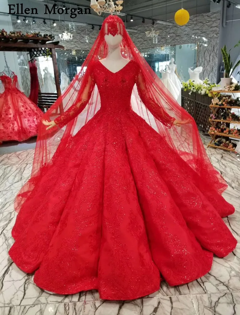 Muslim Long Sleeves Red Wedding Dresses 2019 for Women Vintage V NecK Floor Length Customized Ball Gowns Bridal with Veils | Свадьбы и