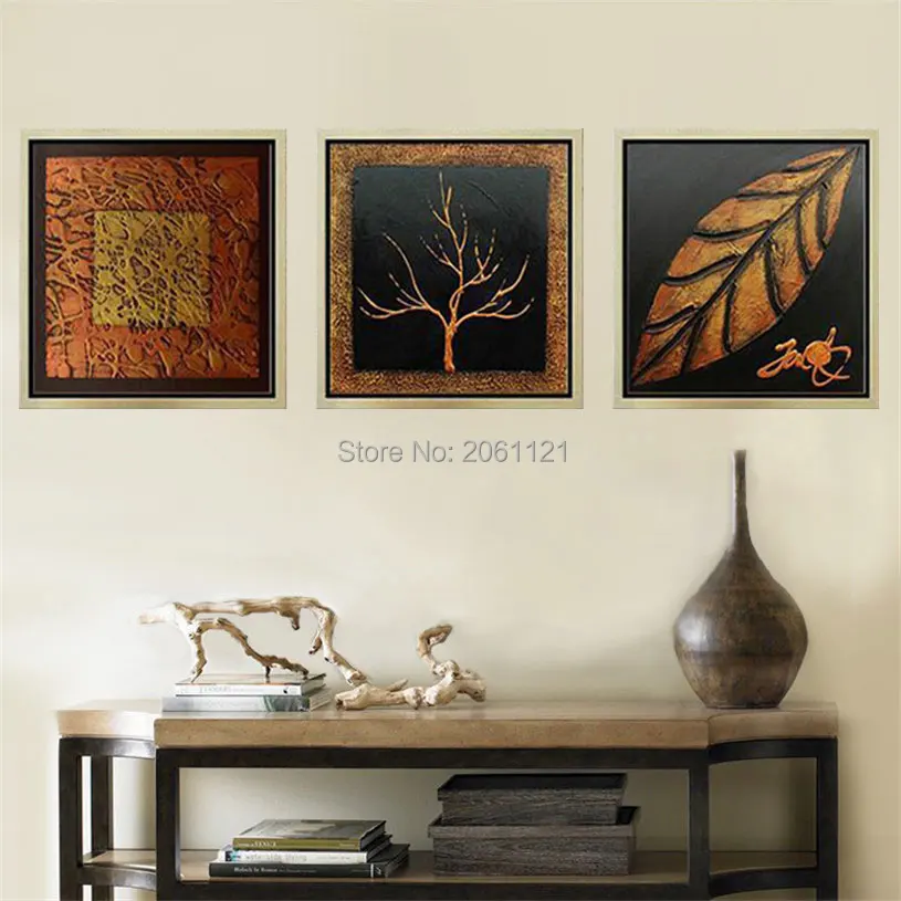 

hand painted modular painting tree leaf black brown wall paintings 3 panels canvas wall art retro Triptych pictures home decor