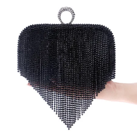 YM1011black Tassel Rhinestone Finger Ring Evening Bags Diamonds Wedding Handbags Women Day Clutch Mini Purse Bag With Chain Mixed Color - Цвет: YM1011black