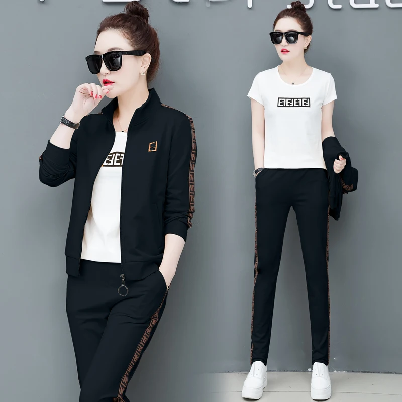Plus size three piece outfits women sports tee and jacket pant casual sets |