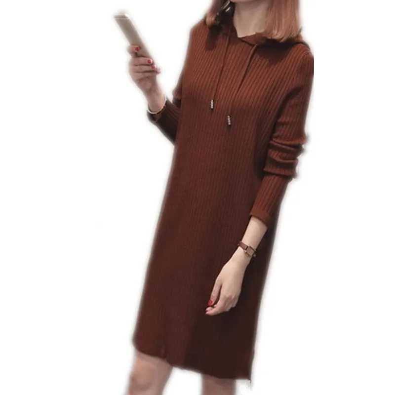 

Осень-зима 2019, женский свитер и пуловеры, трикотажные топы средней длины с капюшоном, мини-платье, облегающее теплое платье-свитер Q1020C