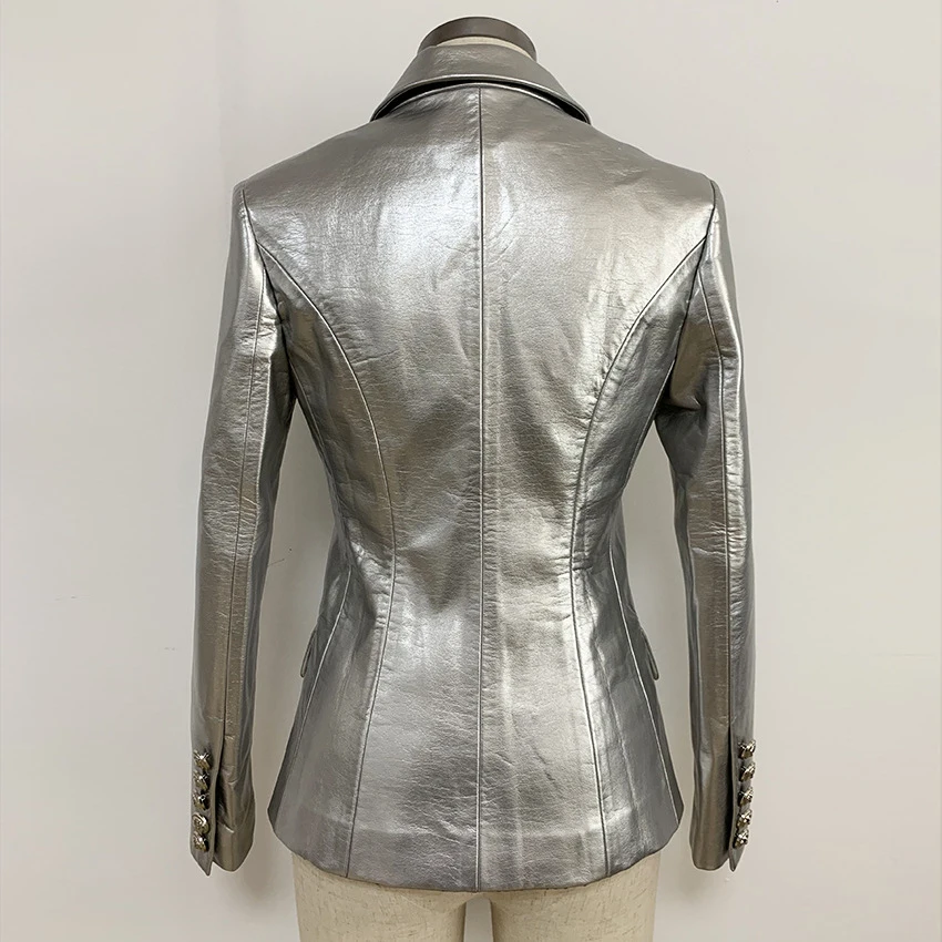 Женский пиджак из искусственной кожи двубортный с длинным рукавом весенний