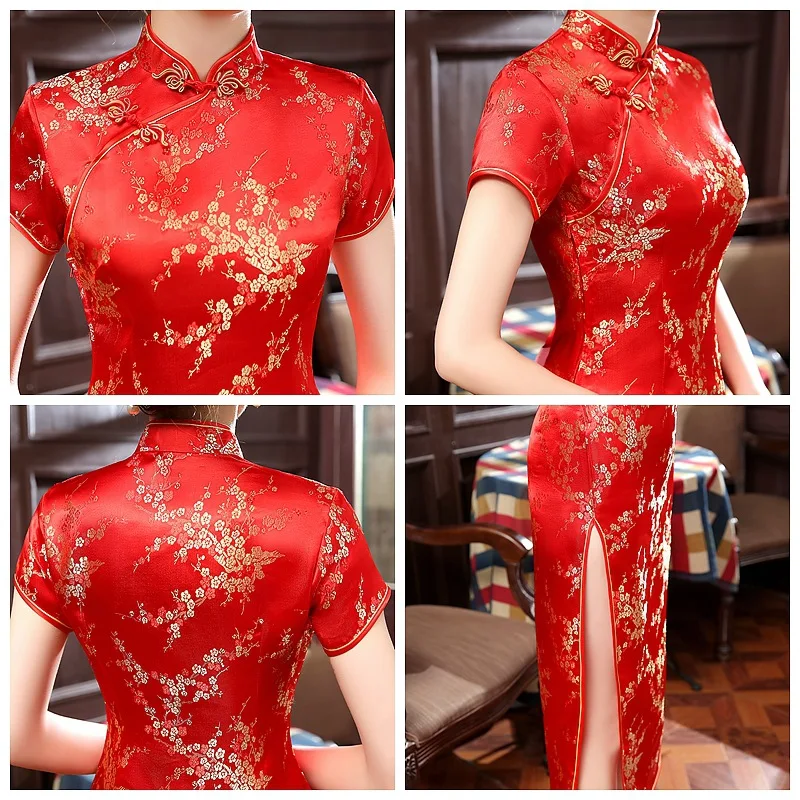 Китайский национальный Qipao Плюс размер женский атласный винтажный новый костюм