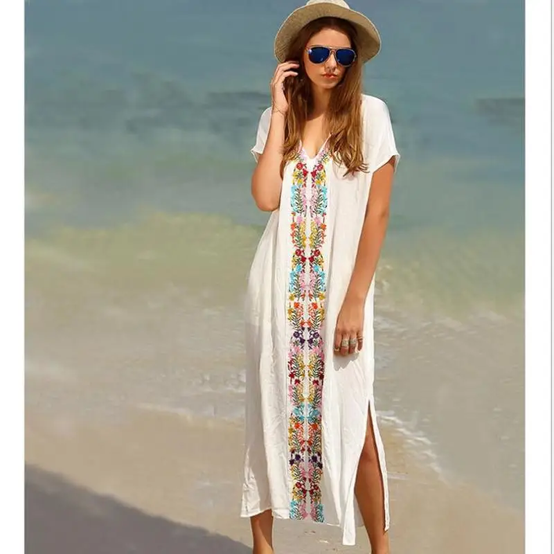 Summer Dress Women 2018 Boho V Neck Floral Print Beach Embroidery Straight Maxi Casual Bohemian Vestidos De Festa | Женская одежда