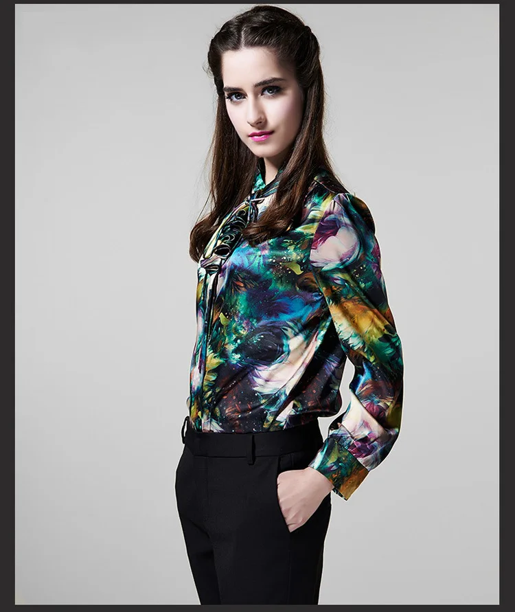 Рубашка из 100% шелка и сатина Женская с принтом новая модель Весенняя рубашка