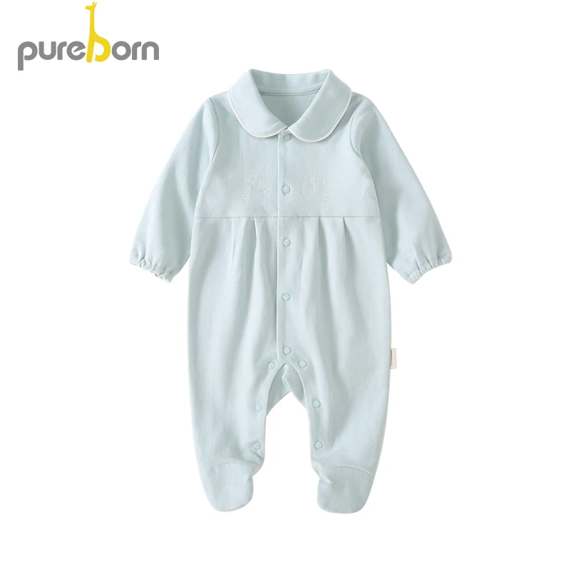 mint star Pureborn/пижамы для новорожденных; хлопковая одежда с рисунком для маленьких мальчиков и девочек; весенне-Осенние костюмы - Цвет: mint star