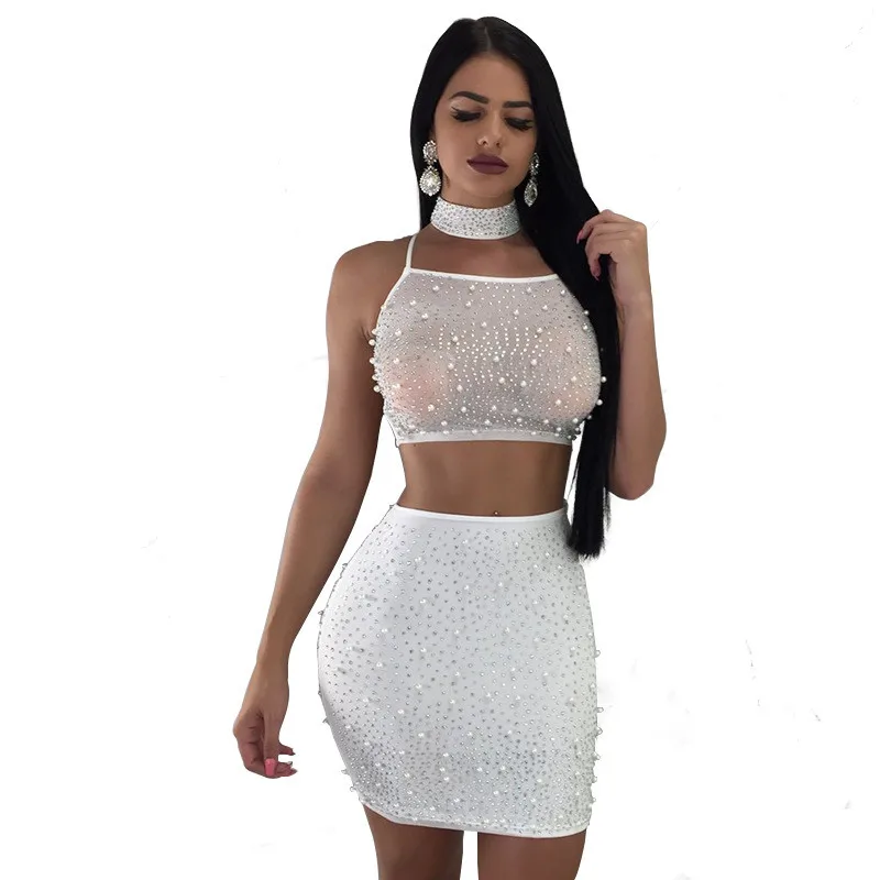 Adogirl Sheer Mesh Pearls 3 Piece Set Women Sexy Night Club Outfits Choker+Spaghetti Straps Lace Up Backless Crop Top+Mini Skirt | Женская