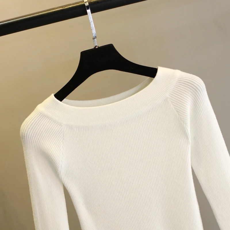 Autumn Basic Sweater Women Slash Neck Jersey Mujer Solid Knitted Slim Fashion Pullover Long Sleeve Off Shoulder | Женская одежда