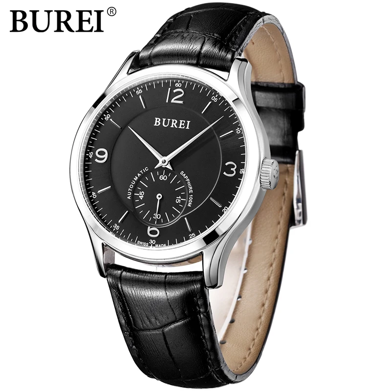BUREI Модные мужские повседневные часы спортивные из натуральной кожи кварцевые