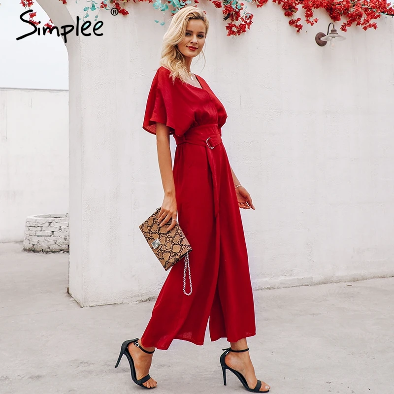 Simplee Red ruffle sleeve jumpsuit women sexy deep v neck spring 2019 Elegant sash wide leg elegant streetwear | Женская одежда