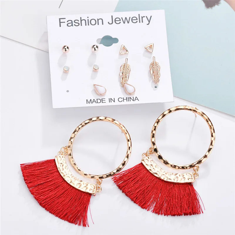 New Bohemian Tassel Earrings Set For Women Jewelry Triangles Round Rhinestone Stud Ear Boucle D'oreille | Украшения и