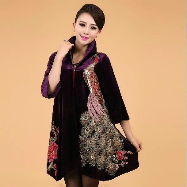 Новинка женский Шелковый Тренч размера плюс 5XL с золотой бархатной вышивкой